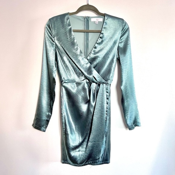 Missguided Dresses & Skirts - NEW Missguided Teal Blue Satin Deep V Long Sleeve Mini Wrap Dress Slit s…